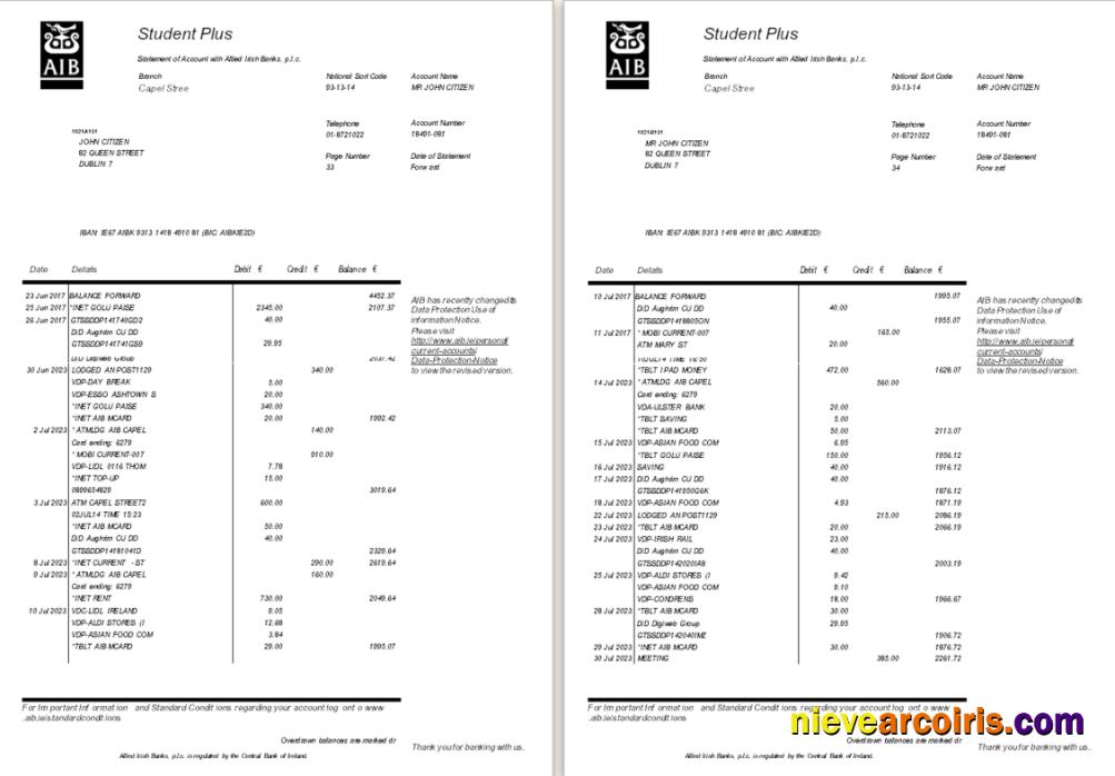 Ireland AIB bank statement, Word and PDF format, 6 pages